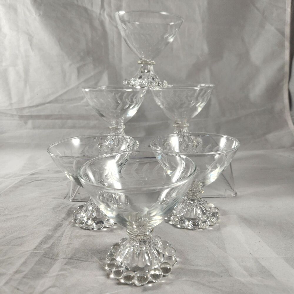 Set of 6 Anchor Hocking Etched Laurel Boopie Clear Champagne Sherbet Glasses